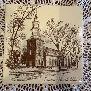 Ceramic tile trivet of the Bruton Parish Church in Williamsburg, Virginia